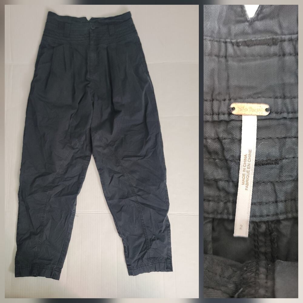 Free People Isadora Pants SZ 2 Pleated Tapered Balloon Tie Waist Wash Black